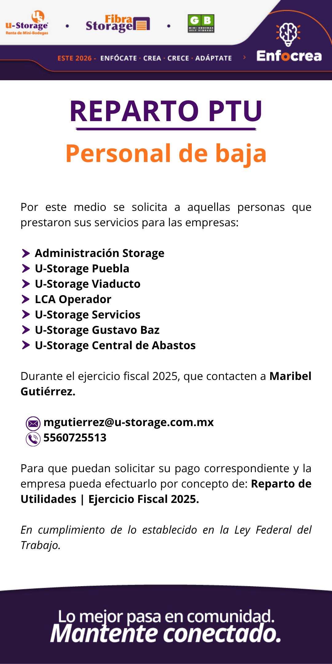 Equipo Fibra Storage | Reparto de PTU para personal de baja | Ejercicio Fiscal 2025